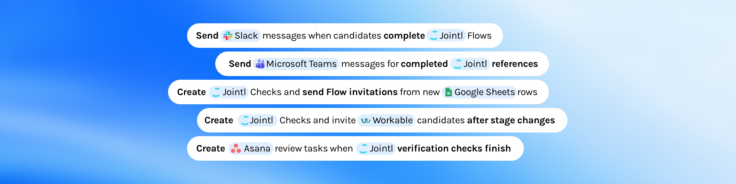 Examples of Jointl hiring automations with Zapier, Slack, Microsoft Teams, Google Sheets, Workable, and Asana