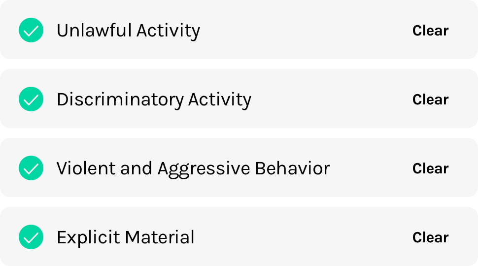 Check social profiles for unlawful and discriminatory activity, violent or aggressive behavior, and explicit material